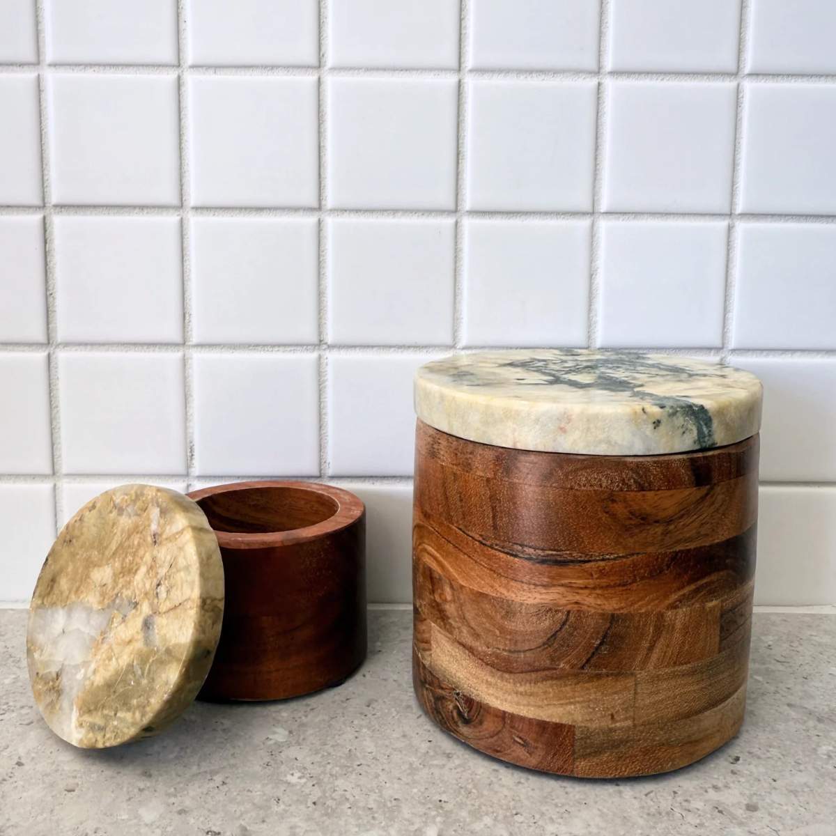 Bloomingville Lisanne 10.5cm Jar w/Lid | Acacia/Green Marble