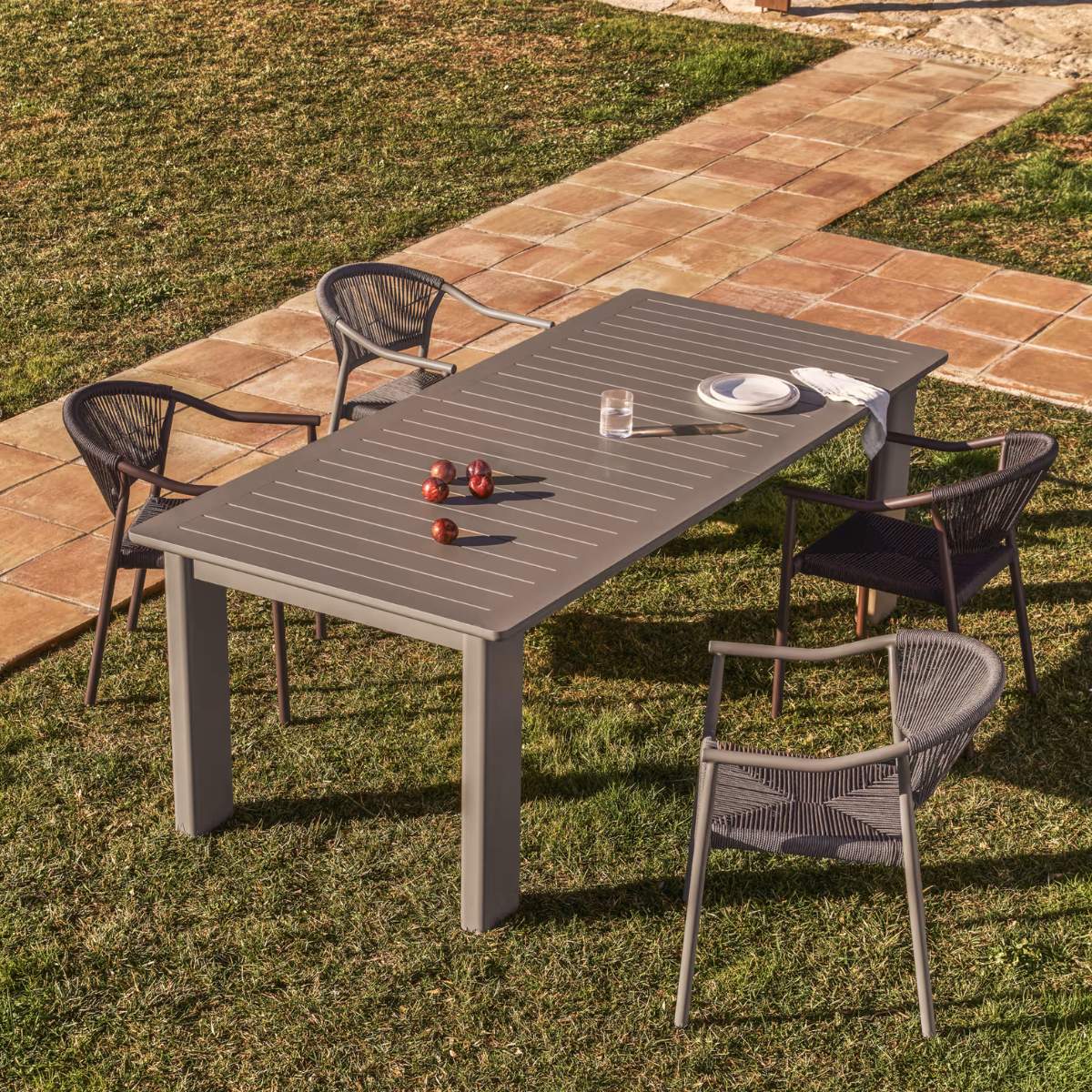 Kave Home Livorno extendable table in taupe aluminium 233(350) x 100 cm