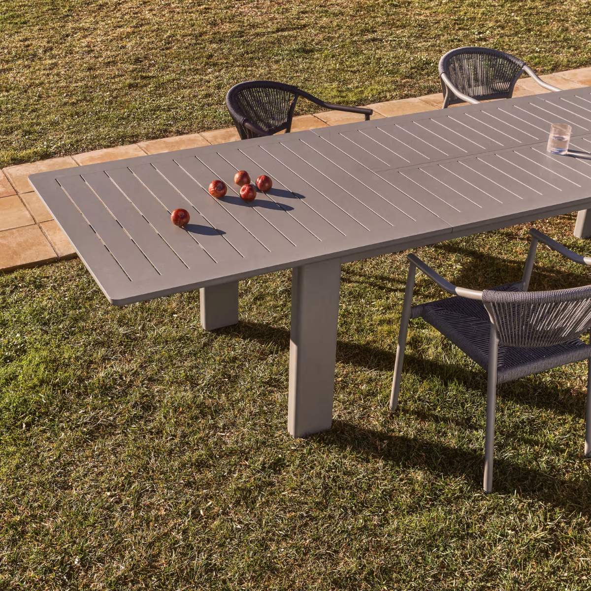 Kave Home Livorno extendable table in taupe aluminium 233(350) x 100 cm