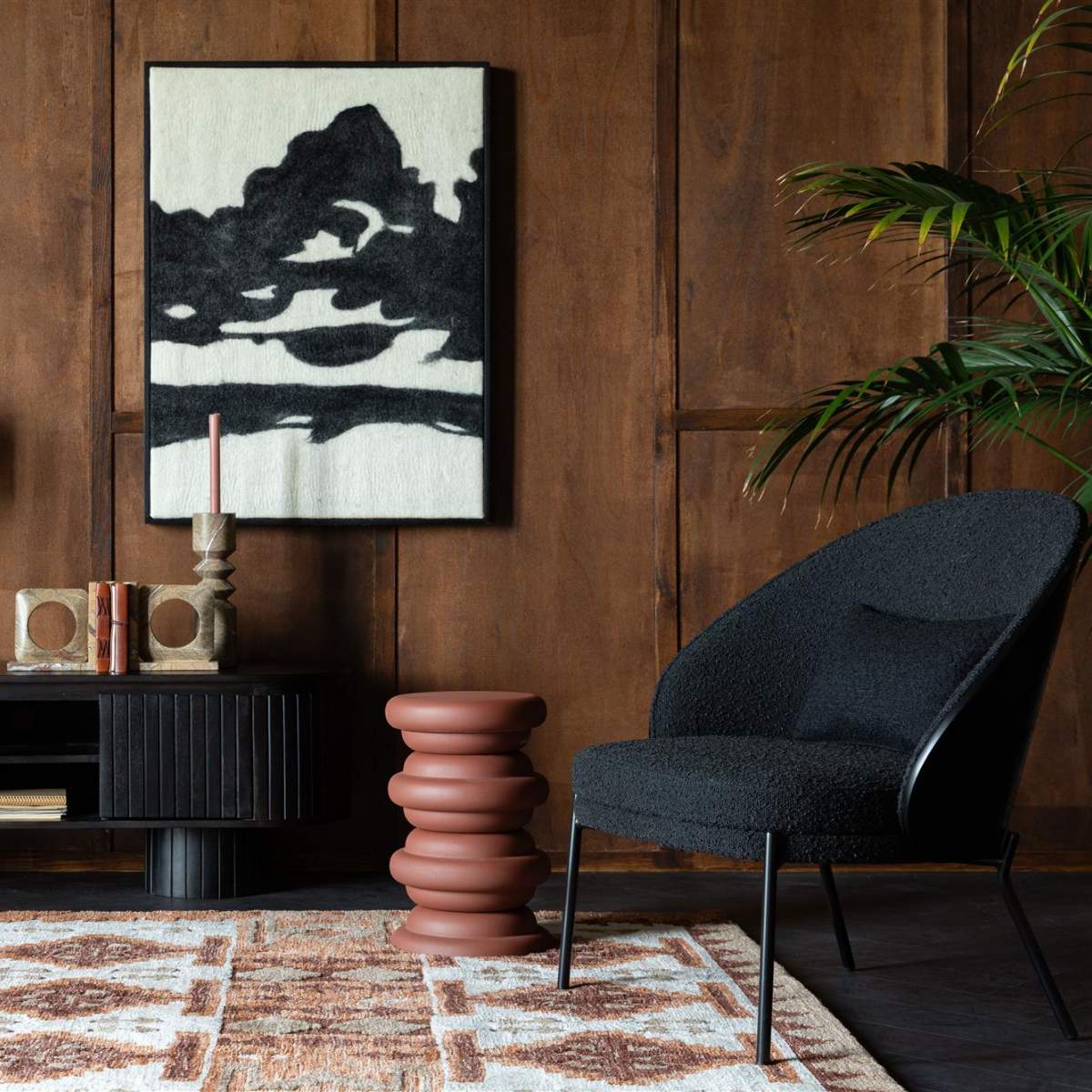 Dutch Bone Lounge Chair Rodin Bouclé Black