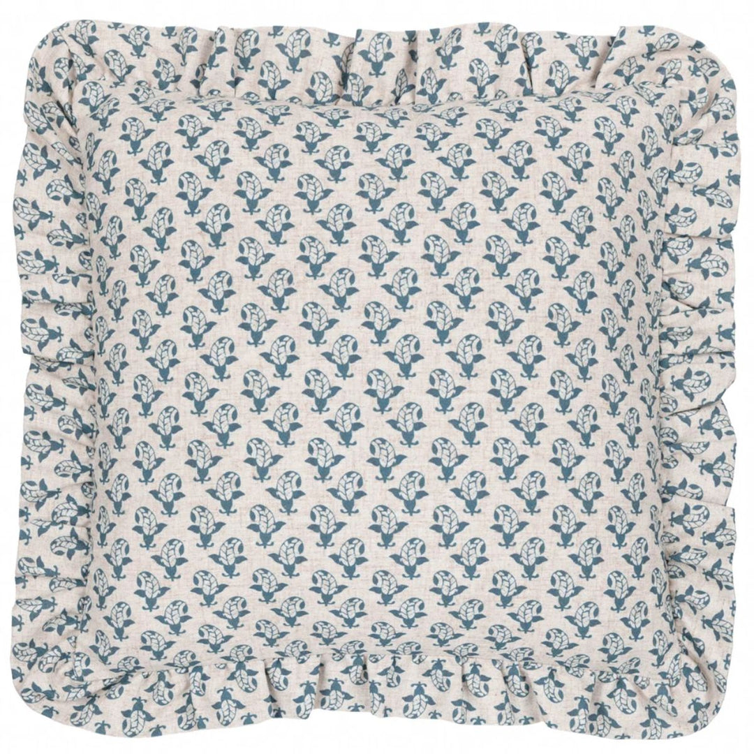 Furn Lulah Block Printed Ruffle Cushion Linen/Blue