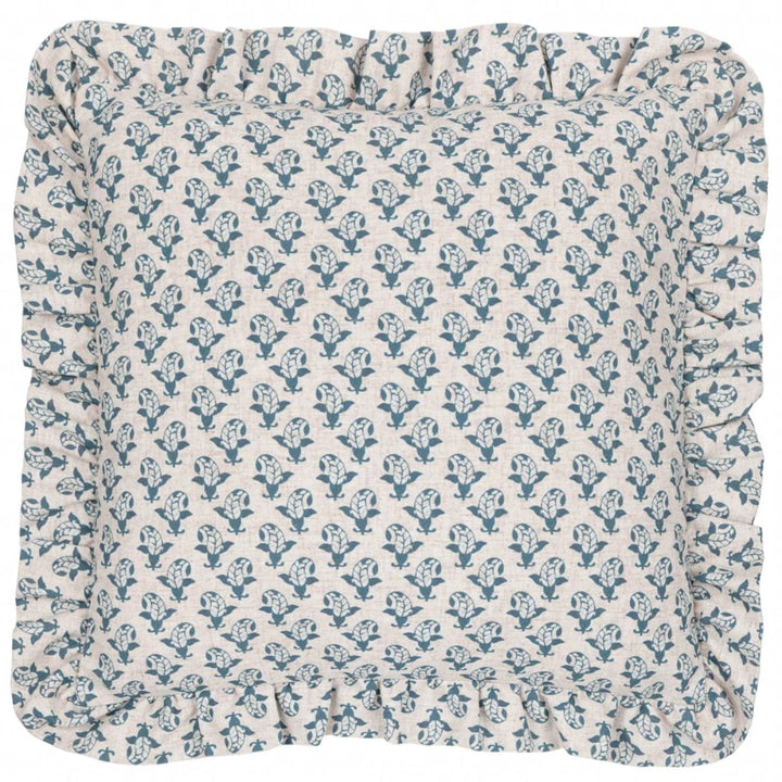 Furn Lulah Block Printed Ruffle Cushion Linen/Blue
