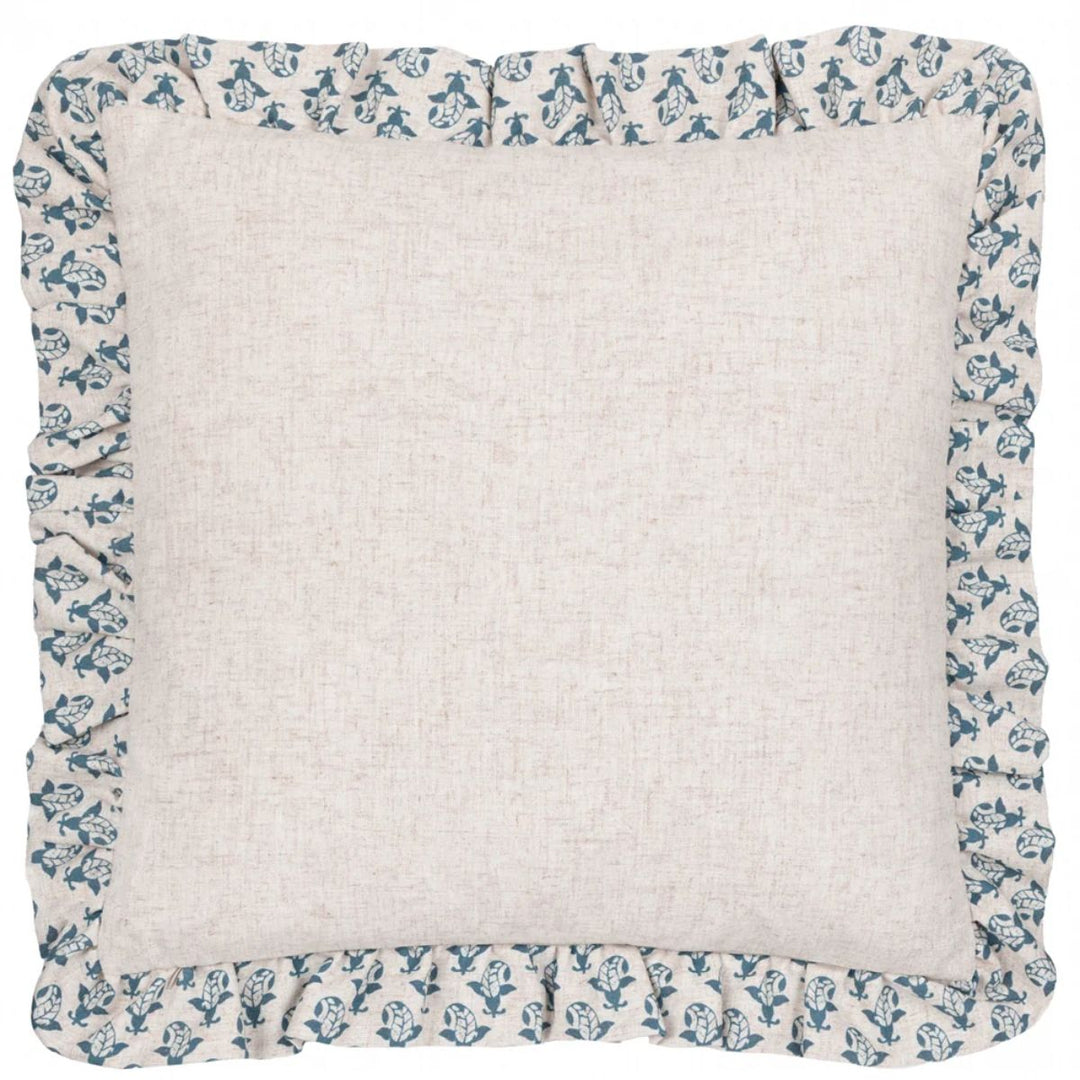 Furn Lulah Block Printed Ruffle Cushion Linen/Blue
