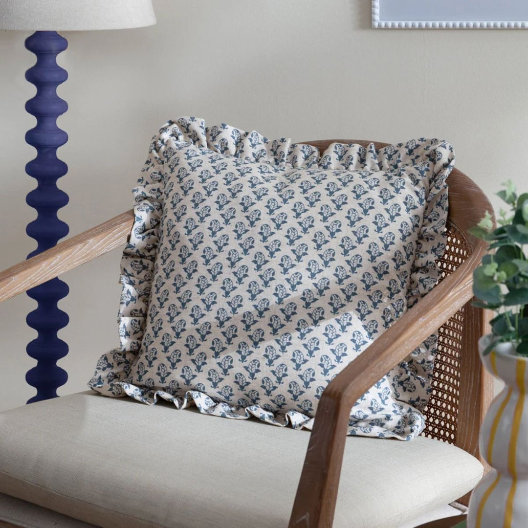 Furn Lulah Block Printed Ruffle Cushion Linen/Blue