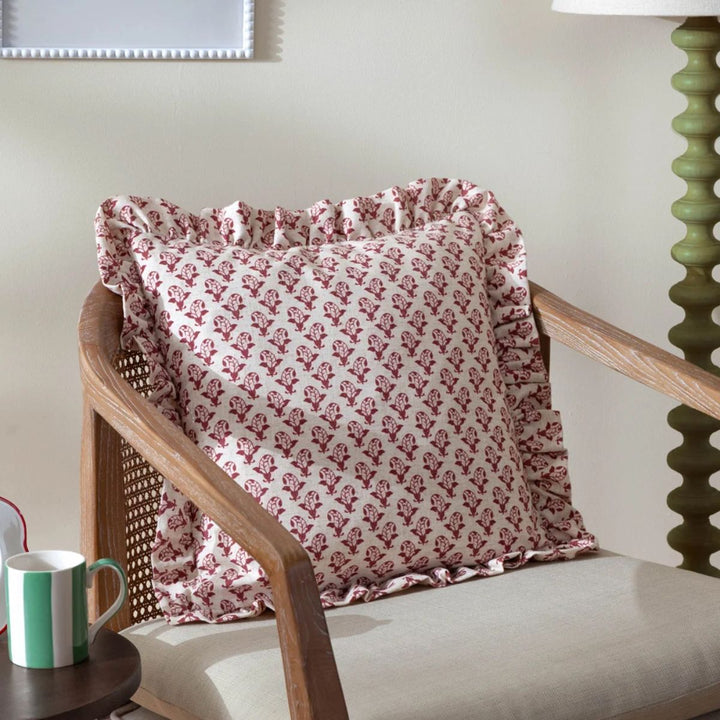 Furn Lulah Block Printed Ruffle Cushion Linen/Red