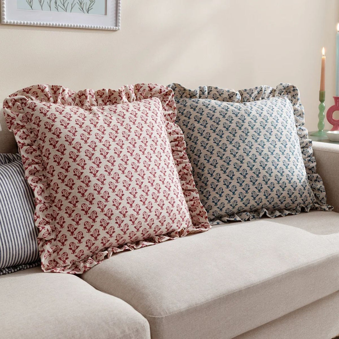 Furn Lulah Block Printed Ruffle Cushion Linen/Red