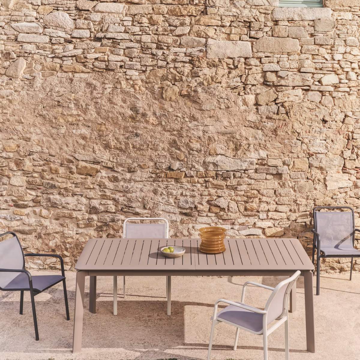 Kave Home Luri stackable chair in ecru aluminium and beige texteline