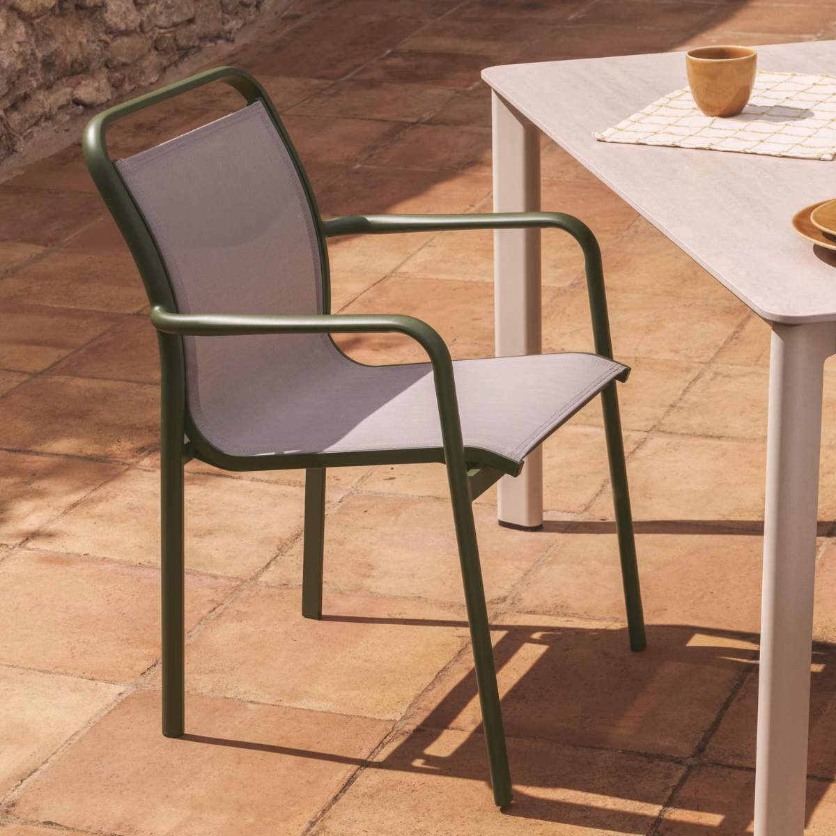 Kave Home Luri stackable chair in ecru aluminium and beige texteline