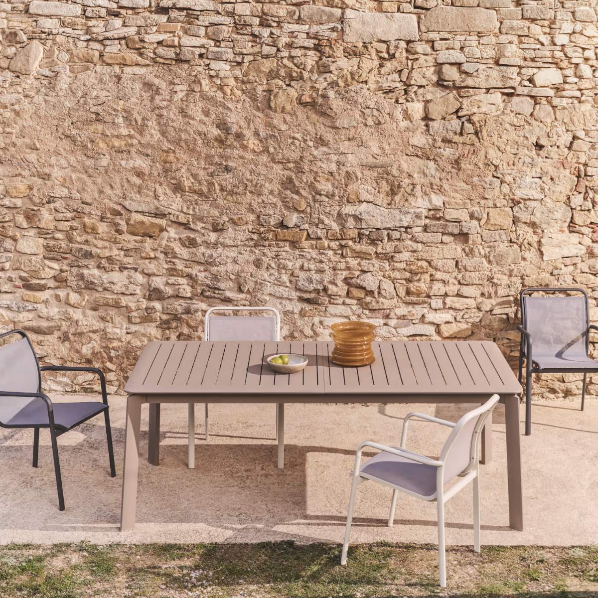 Kave Home Luri stackable chair in ecru aluminium and beige texteline
