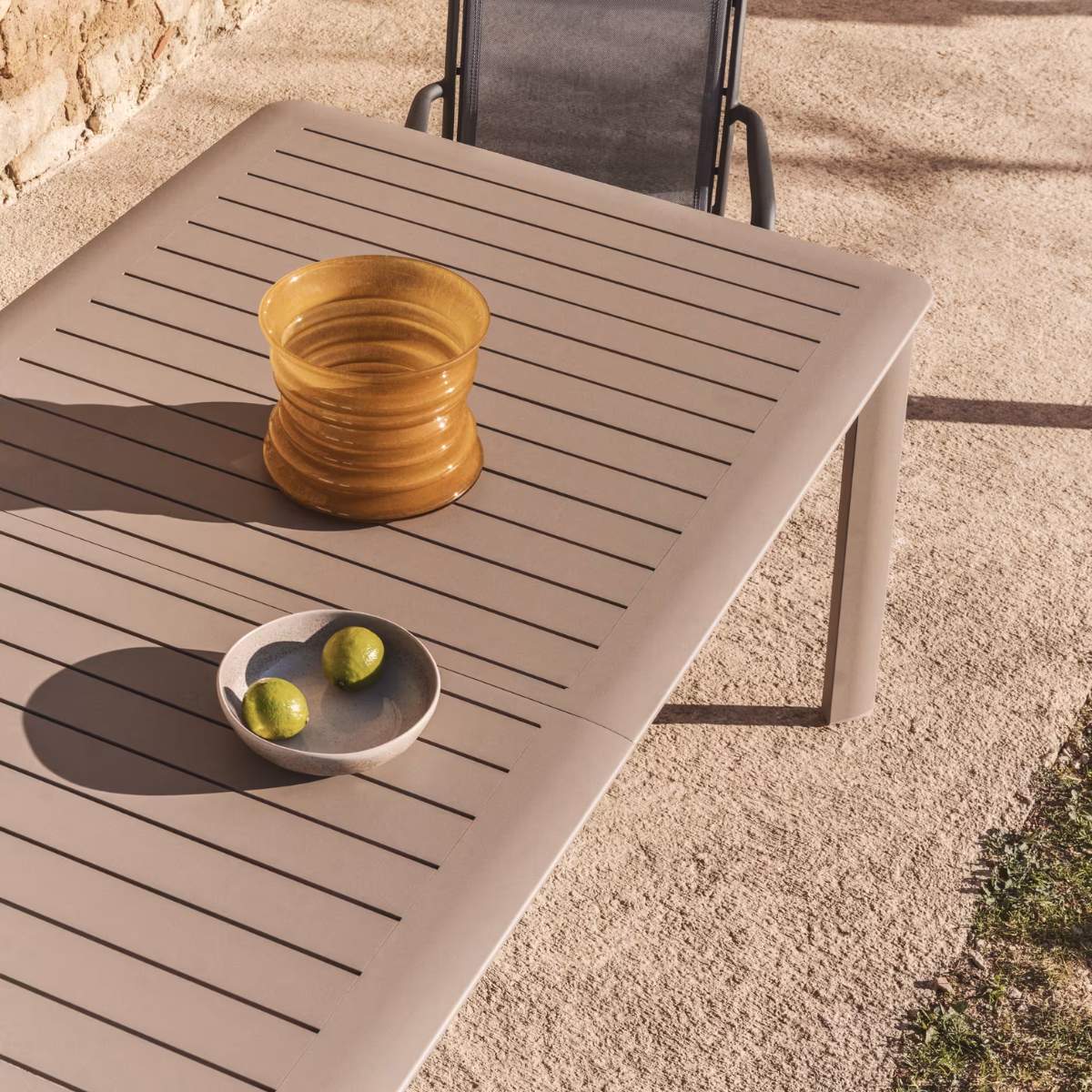 Kave Home Luri stackable chair in ecru aluminium and beige texteline