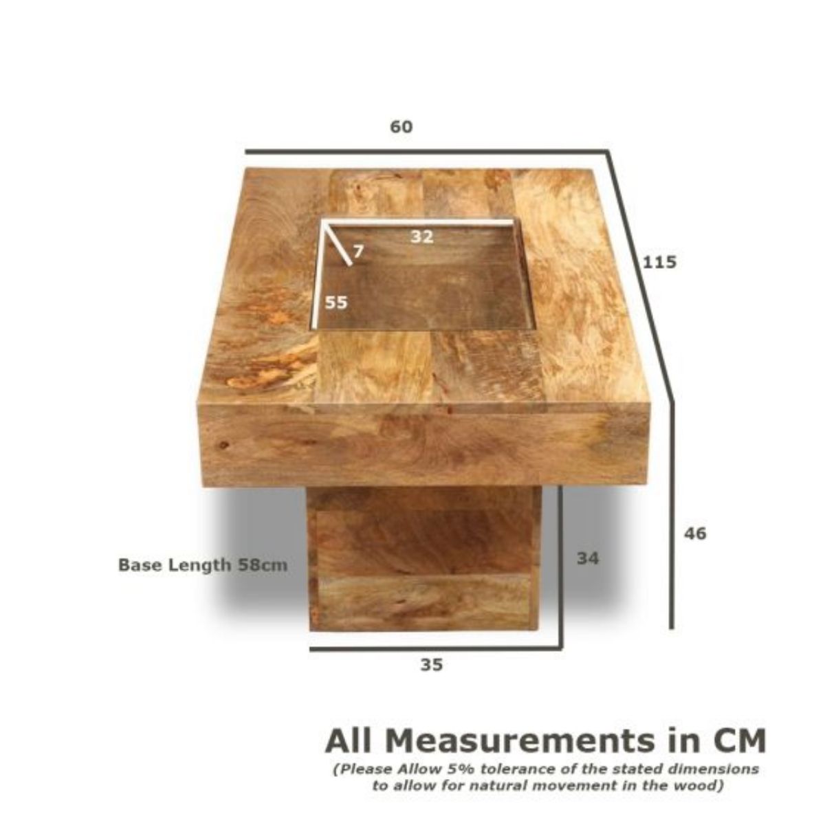 Trade Furniture Mango Wood 115cm Glass Topped Coffee Table