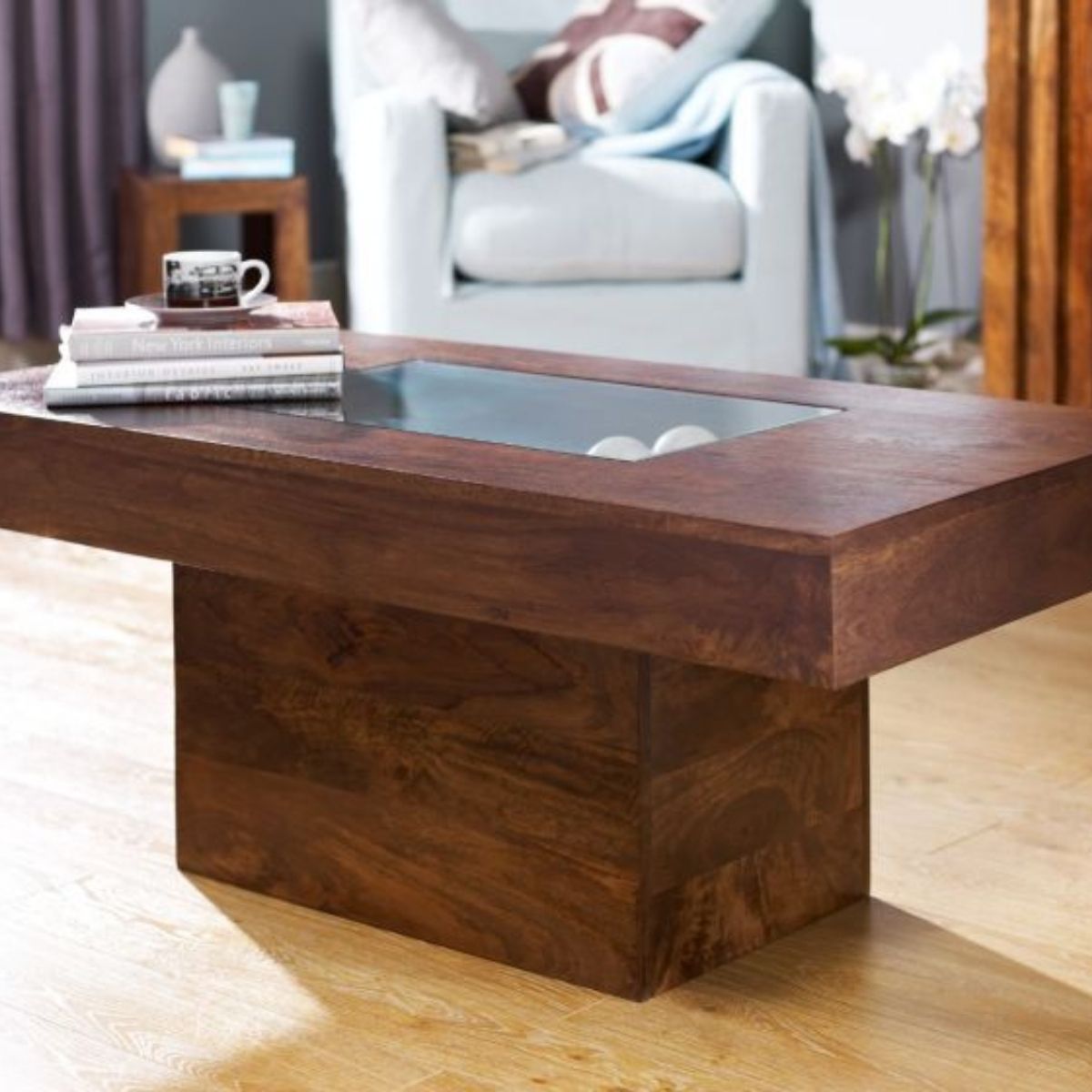 Trade Furniture Mango Wood 115cm Glass Topped Coffee Table