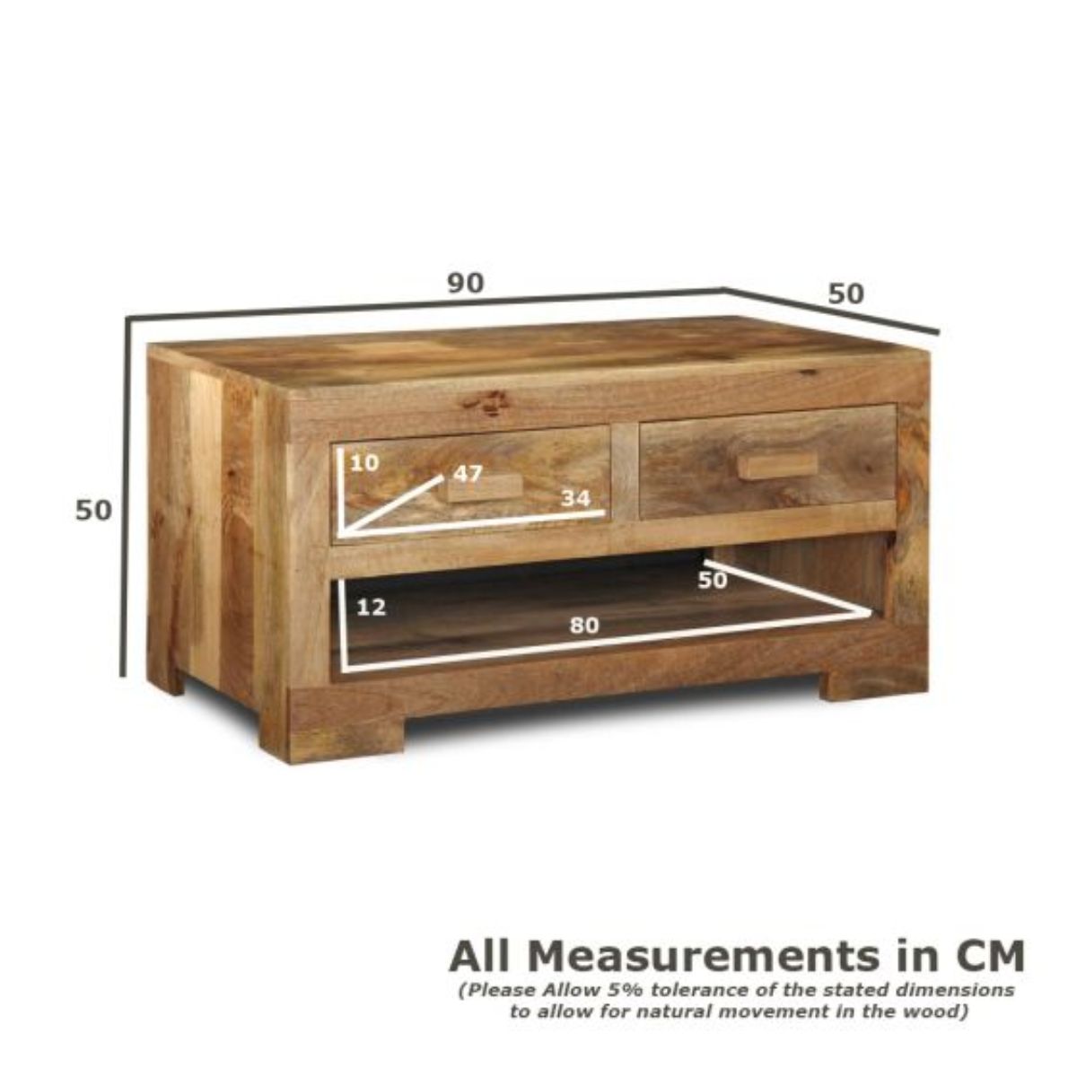 Trade Furniture Mango Wood 90cm 2 Drawer Coffee Table