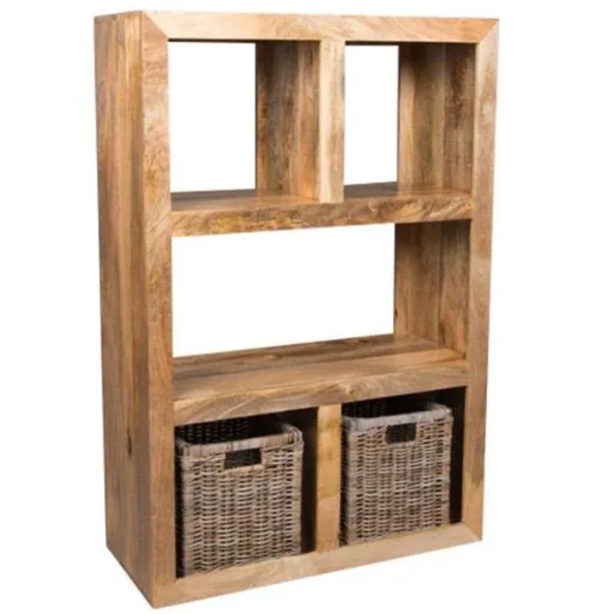 Trade Furniture Mango Wood 98cm Open Bookcase with Rattan Baskets