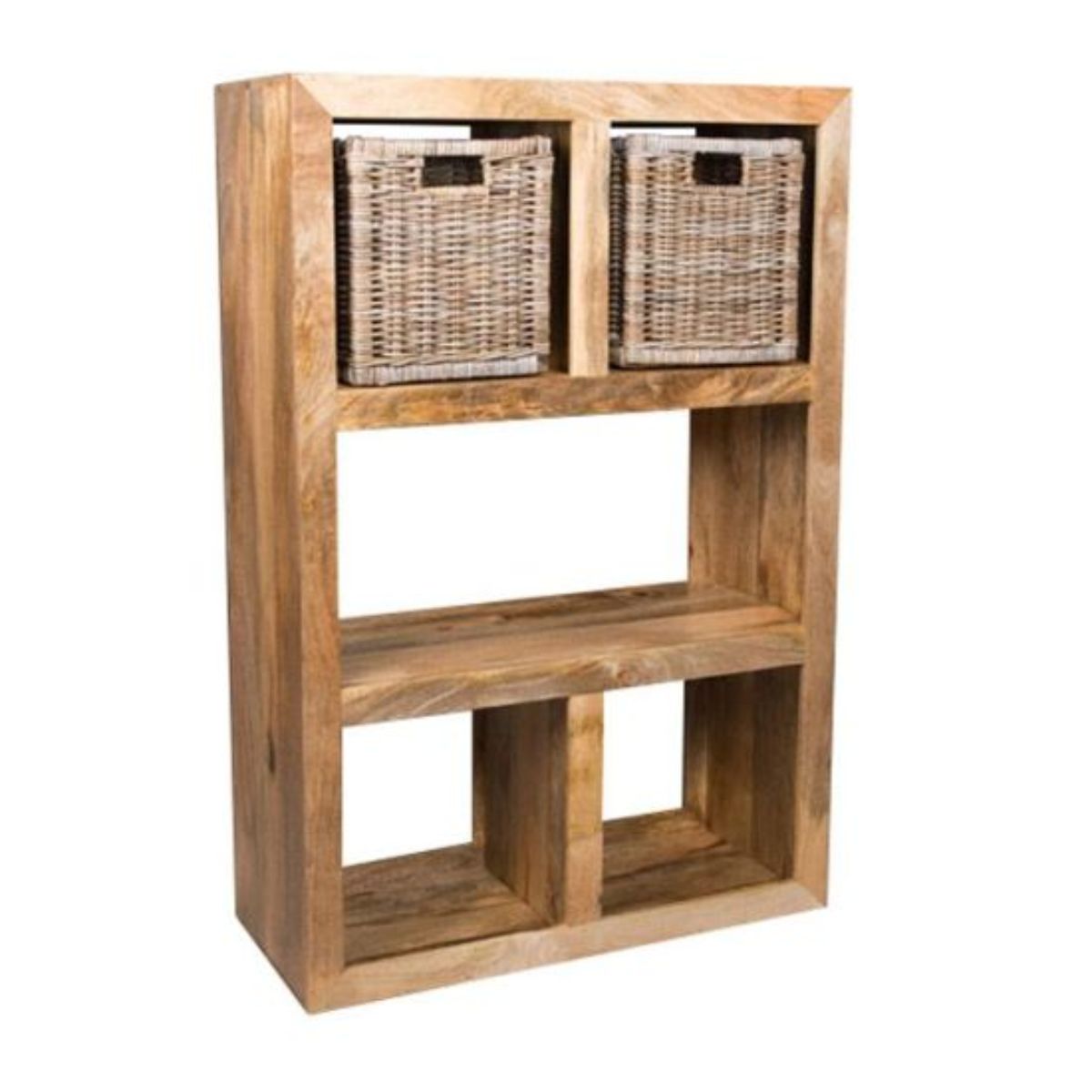 Trade Furniture Mango Wood 98cm Open Bookcase with Rattan Baskets