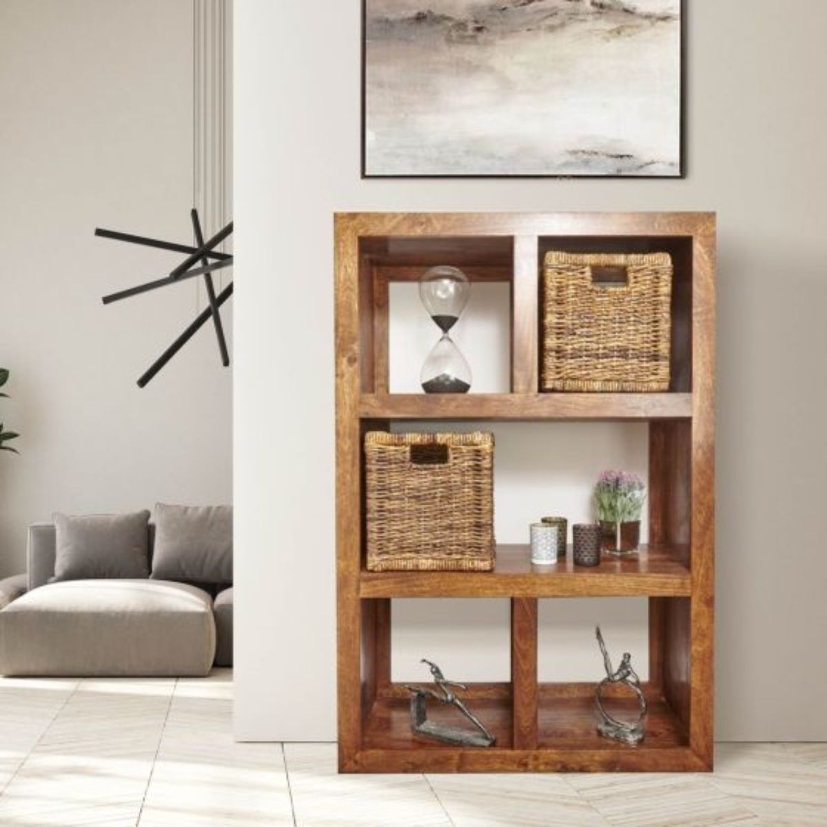Trade Furniture Mango Wood 98cm Open Bookcase with Rattan Baskets