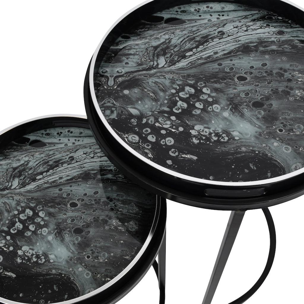 Marble Swirl Nesting Tray Tables - Black-Beaumonde