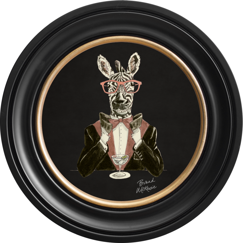Brand McKenzie Happy Hour Marty Framed Round Art Print with Charcoal Black Background