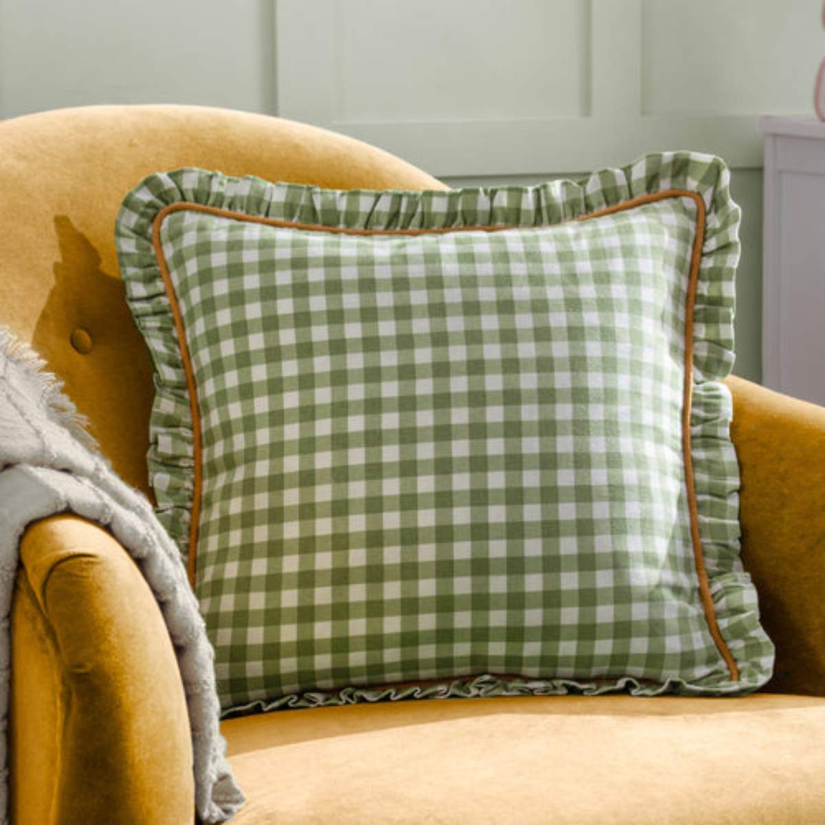 Furn Maude Gingham Reversible Piped Cushion Sage