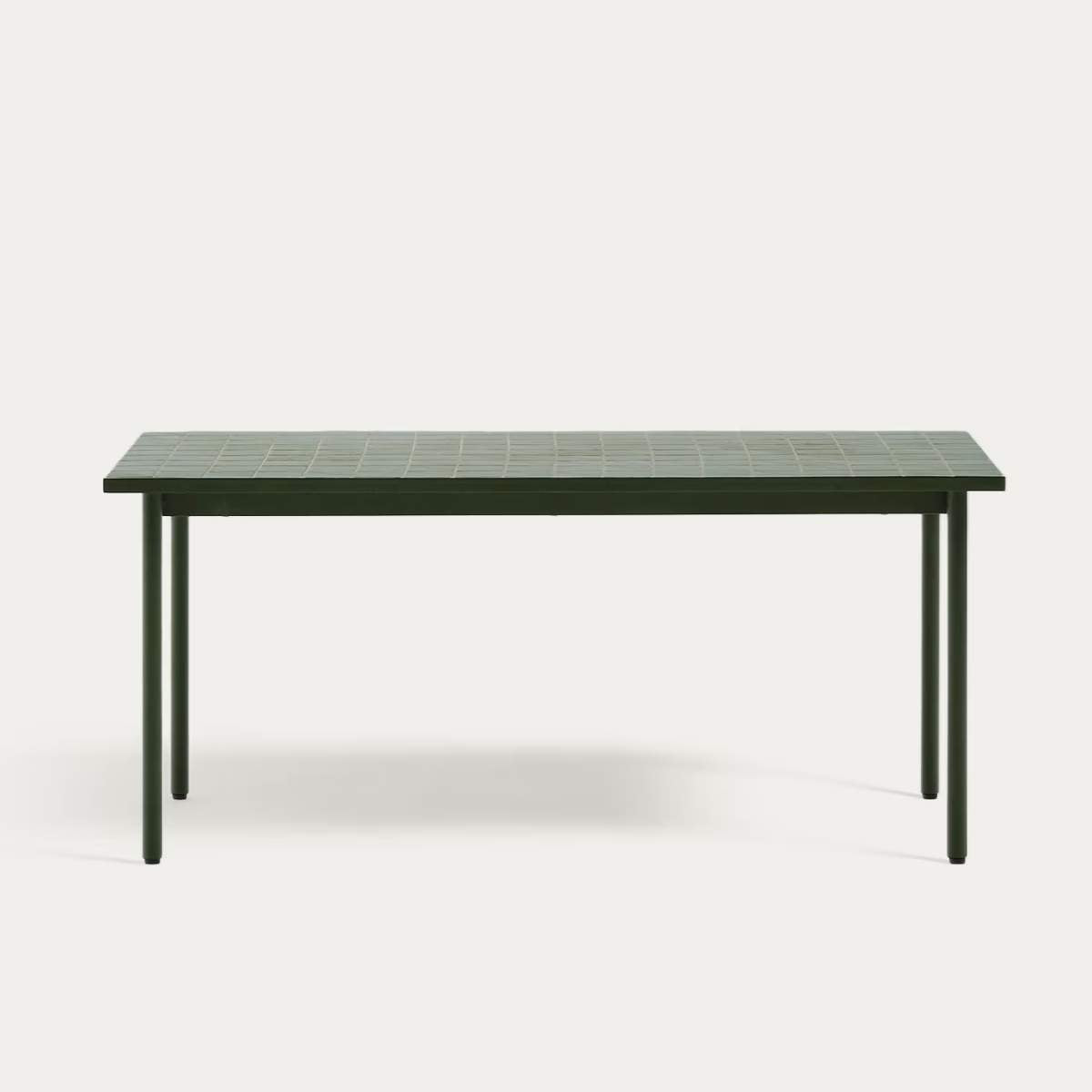 Kave Home Maurina outdoor table in green galvanised steel with green tiles 182 x 91cm