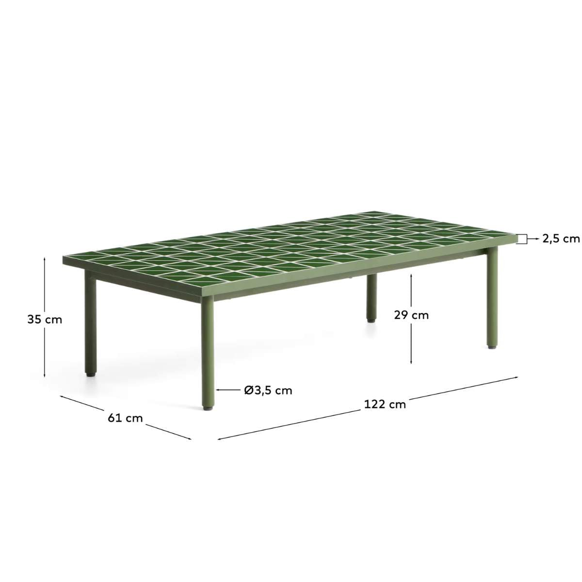 Kave Home Maurina coffee table in green galvanised steel with ecru tiles 122 x 61cm