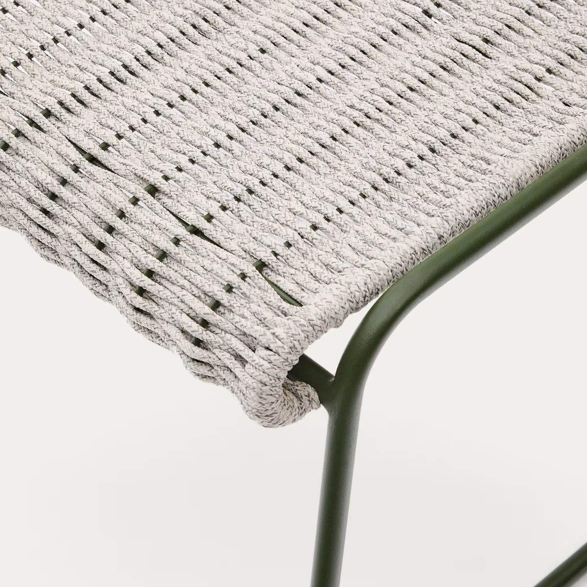 Kave Home Maurina footrest in green galvanised steel and green rope cord 58 x 52.5cm