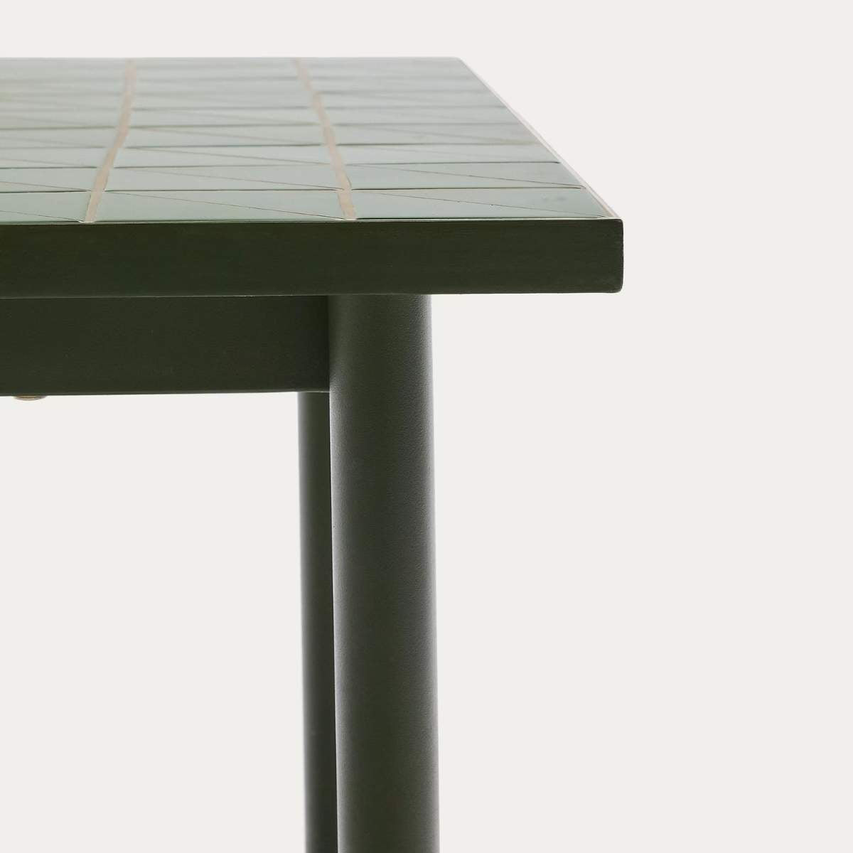 Kave Home Maurina outdoor table in green galvanised steel with ecru-colored tiles 223 x 101cm