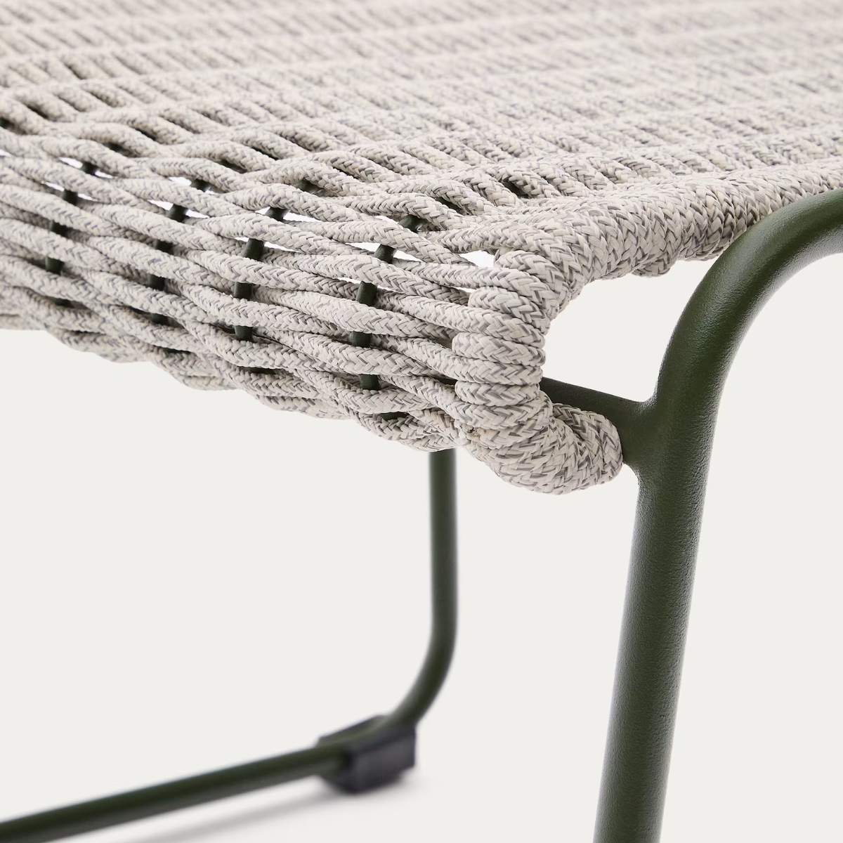 Kave Home Maurina footrest in green galvanised steel and green rope cord 58 x 52.5cm