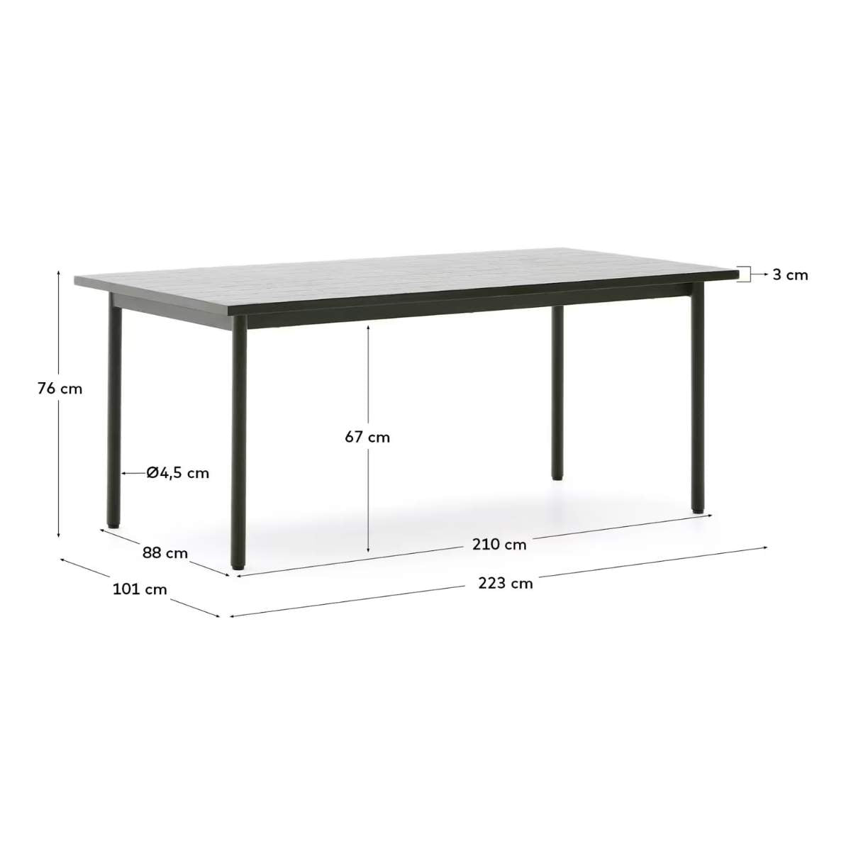 Kave Home Maurina outdoor table in green galvanised steel with ecru-colored tiles 223 x 101cm