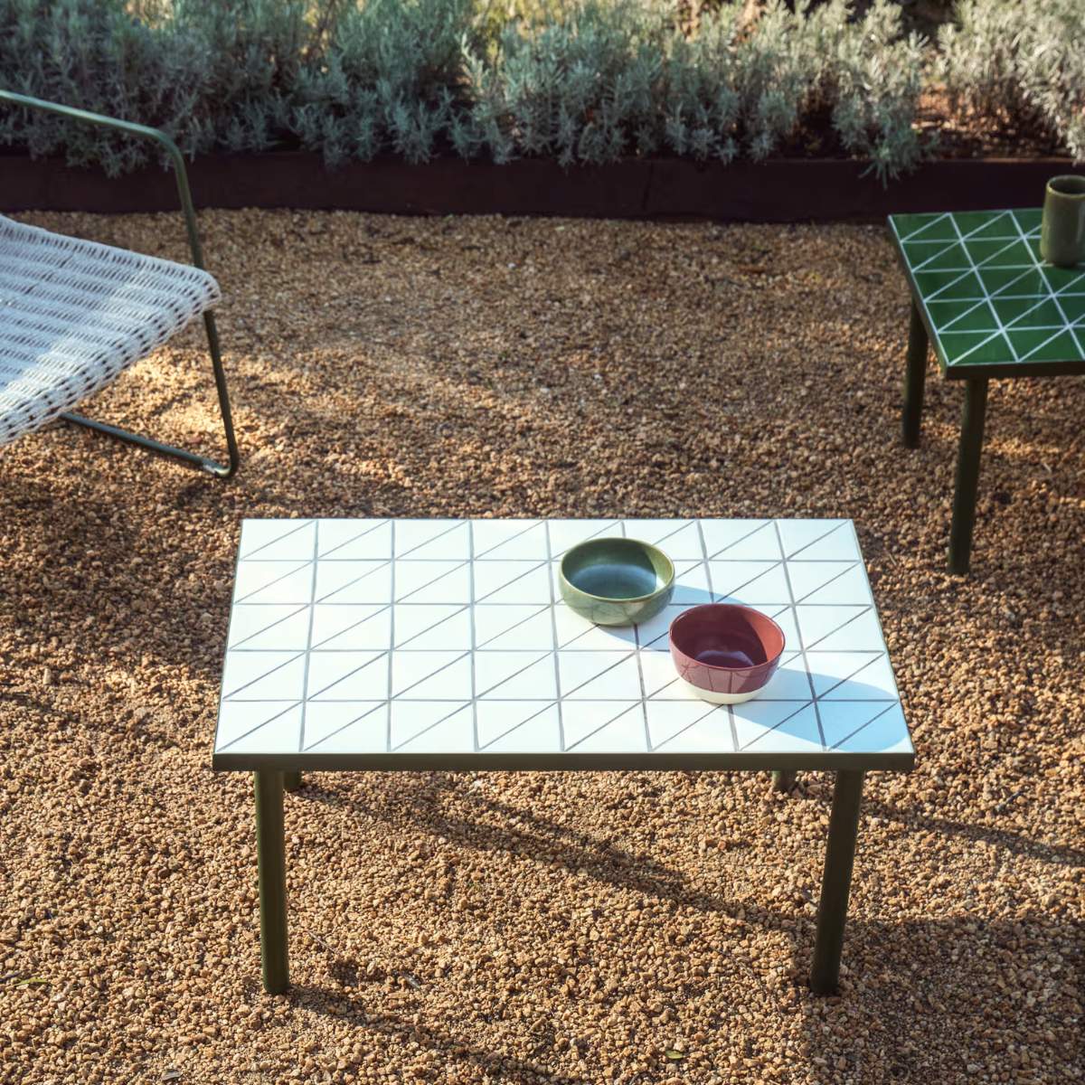Kave Home Maurina side table in green galvanised steel with ecru tiles 81 x 51 cm