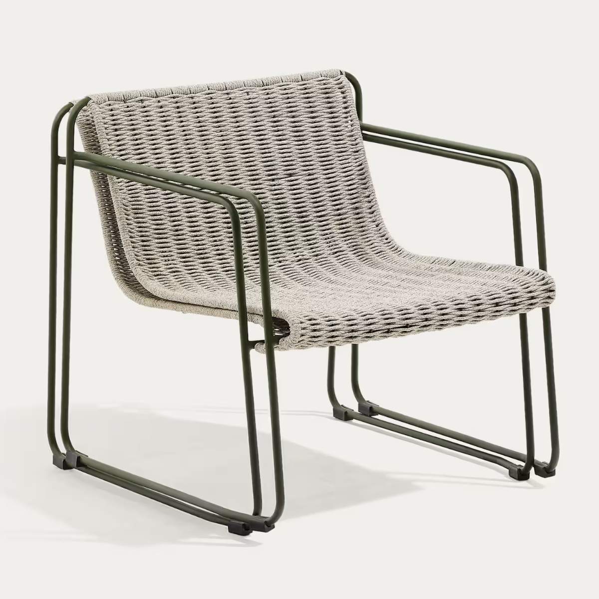 Kave Home Maurina stackable armchair in green galvanised steel and green rope cord