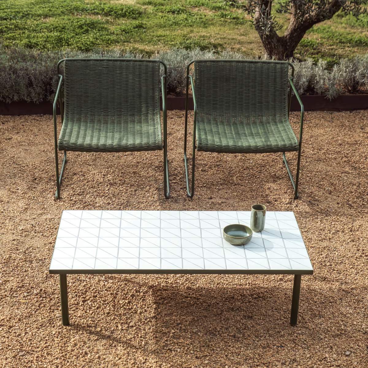 Kave Home Maurina coffee table in green galvanised steel with ecru tiles 122 x 61cm