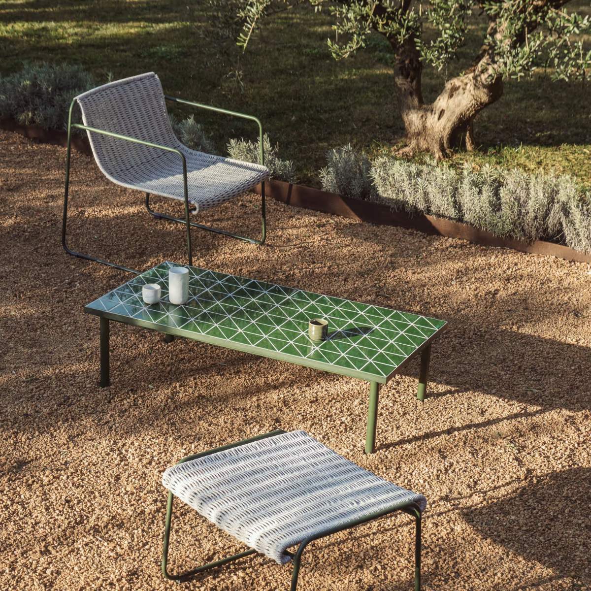 Kave Home Maurina coffee table in green galvanised steel with ecru tiles 122 x 61cm