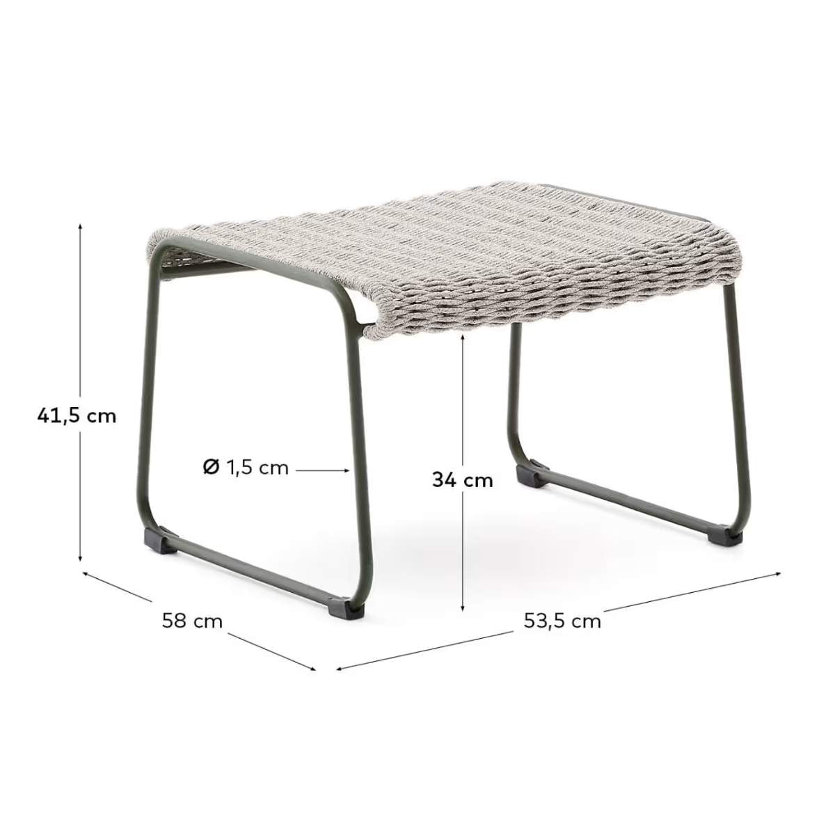 Kave Home Maurina footrest in green galvanised steel and green rope cord 58 x 52.5cm