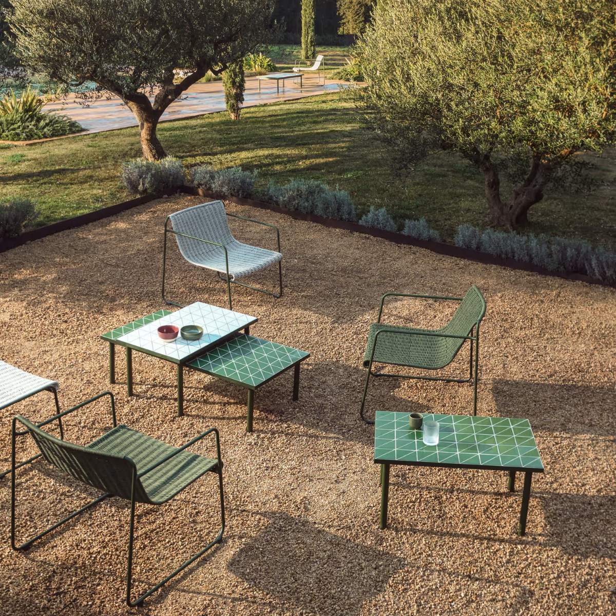 Kave Home Maurina side table in green galvanised steel with ecru tiles 81 x 51 cm