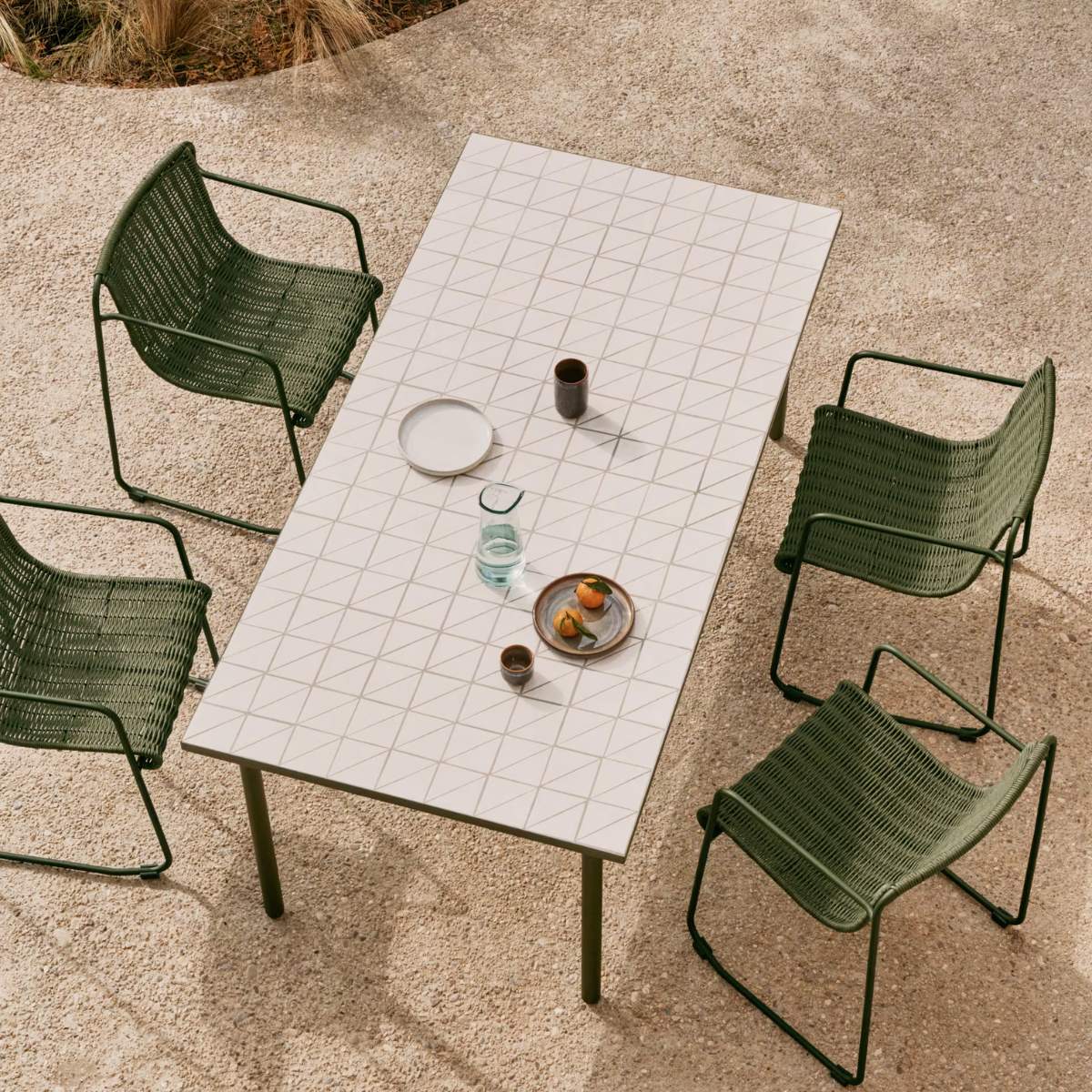 Kave Home Maurina outdoor table in green galvanised steel with ecru-colored tiles 223 x 101cm