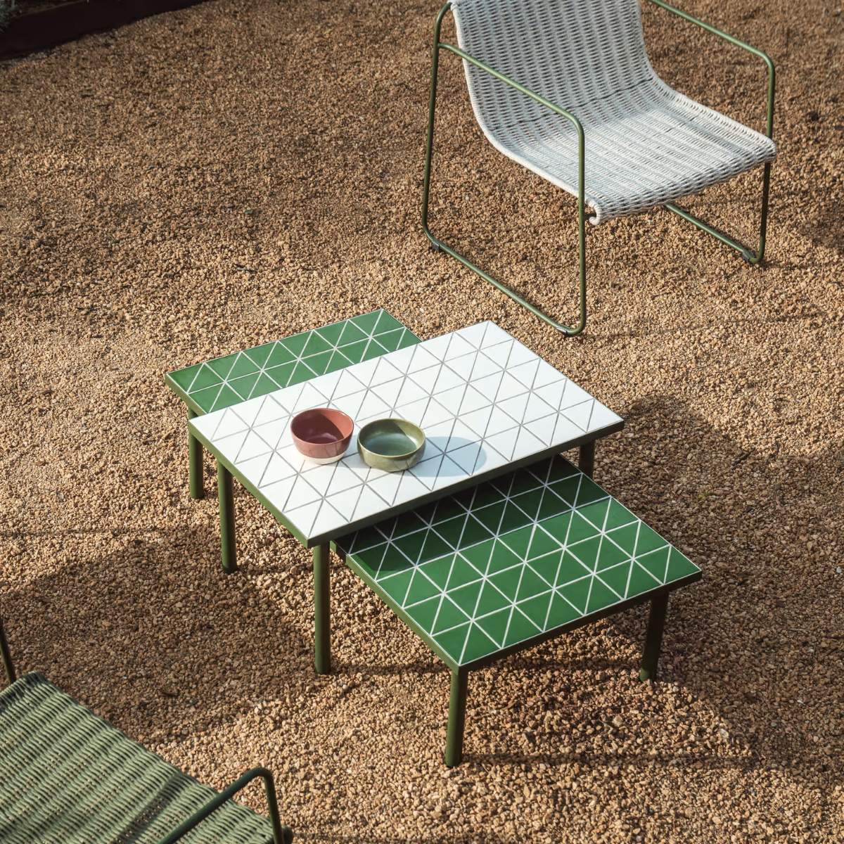 Kave Home Maurina coffee table in green galvanised steel with ecru tiles 122 x 61cm