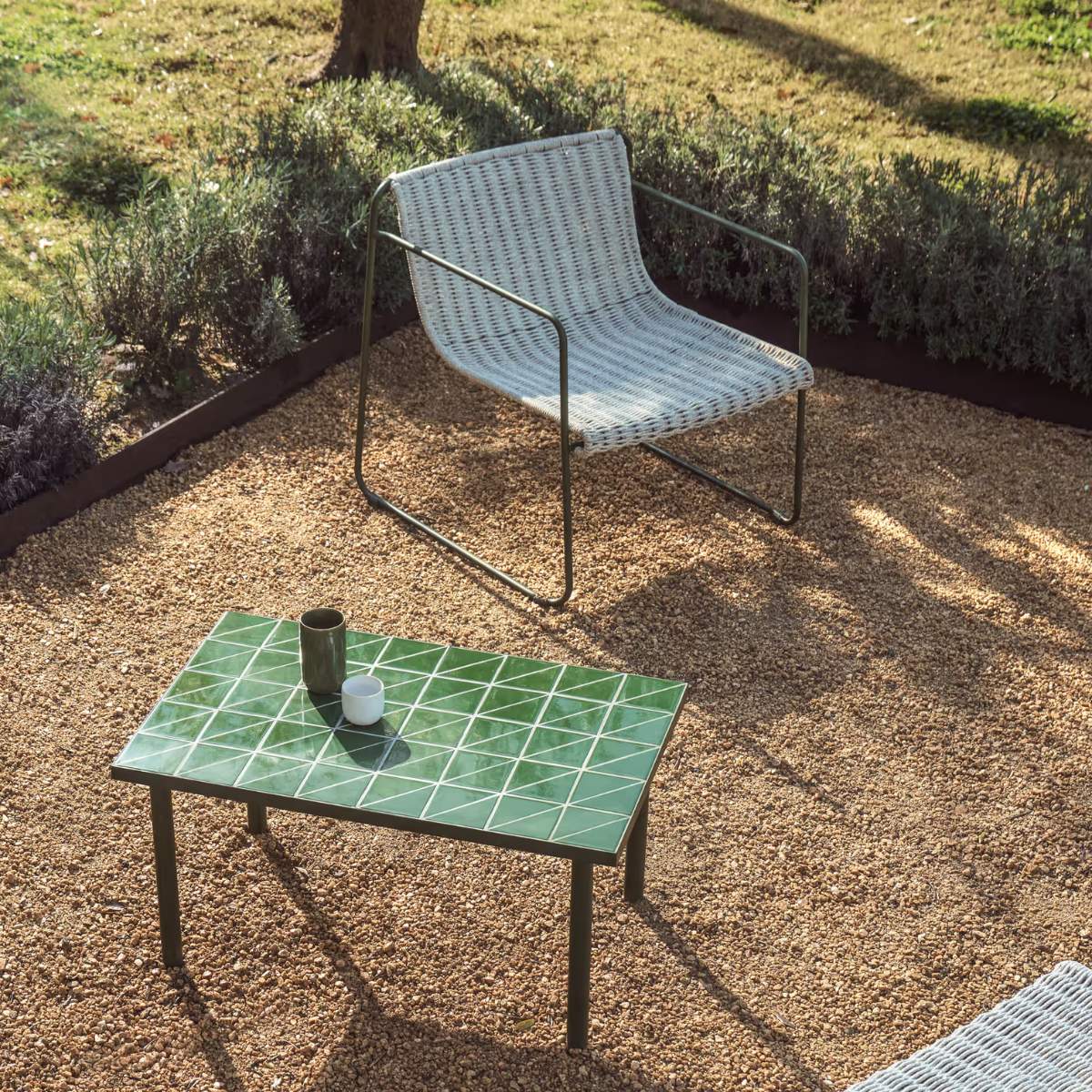 Kave Home Maurina side table in green galvanised steel with ecru tiles 81 x 51 cm