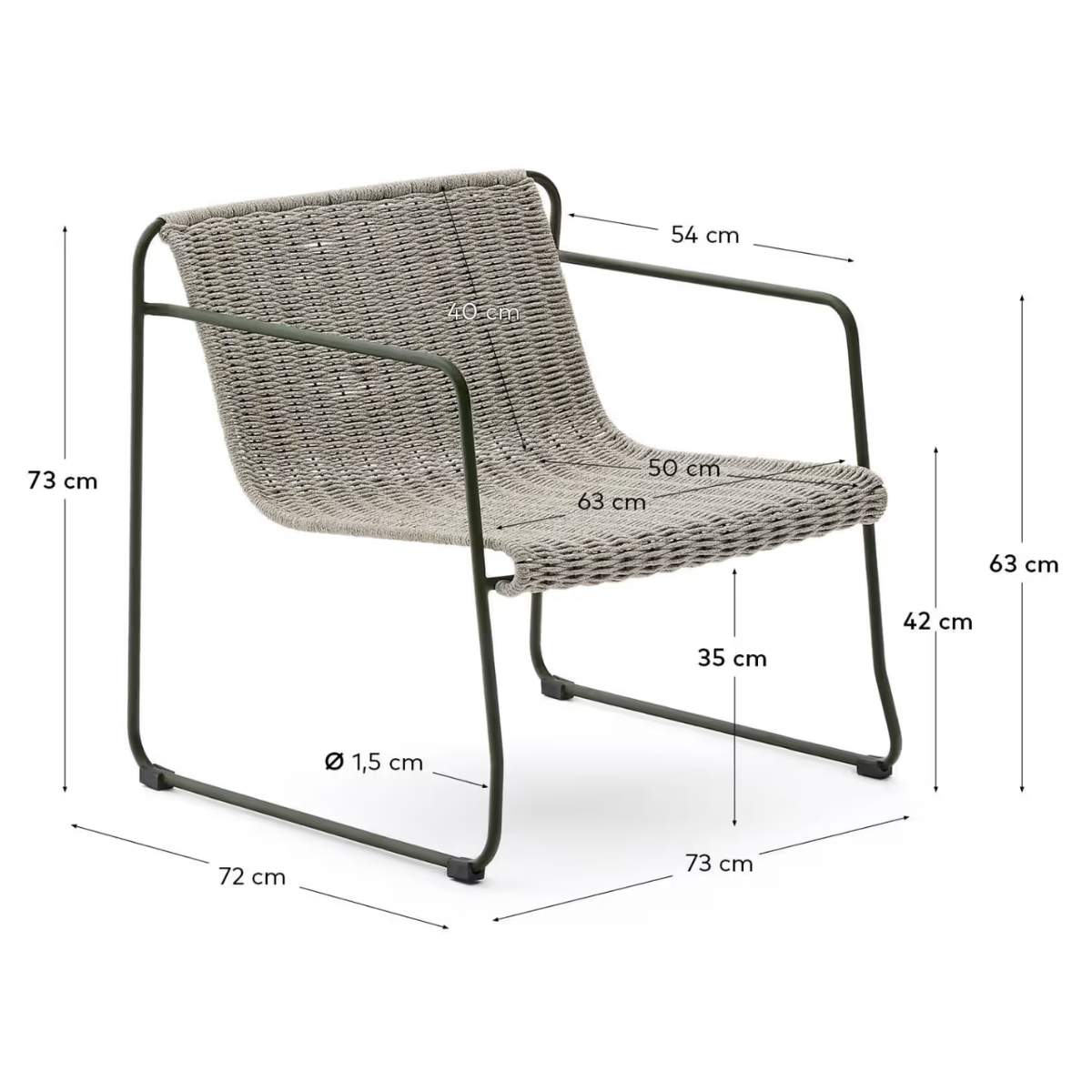 Kave Home Maurina stackable armchair in green galvanised steel and green rope cord