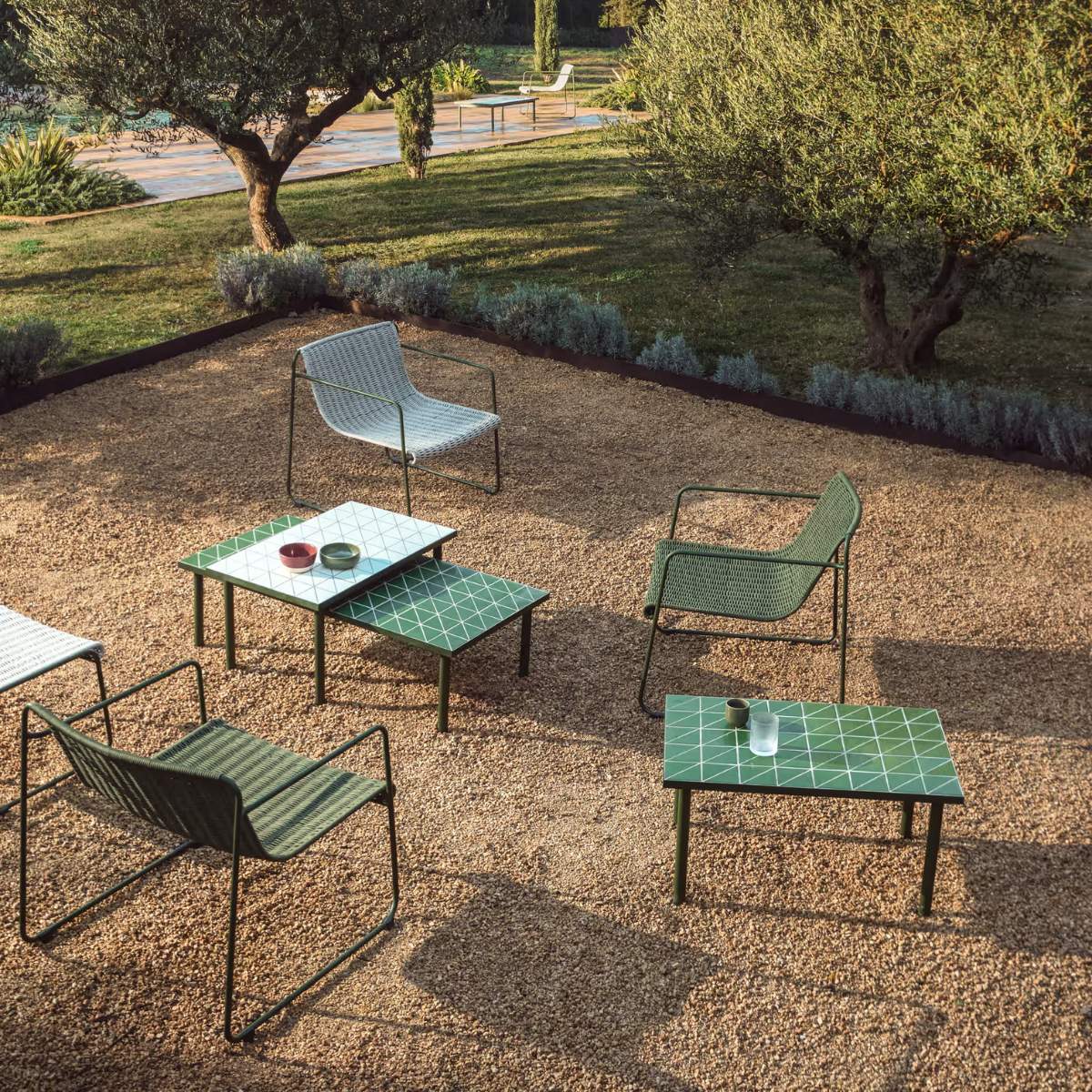 Kave Home Maurina coffee table in green galvanised steel with ecru tiles 122 x 61cm
