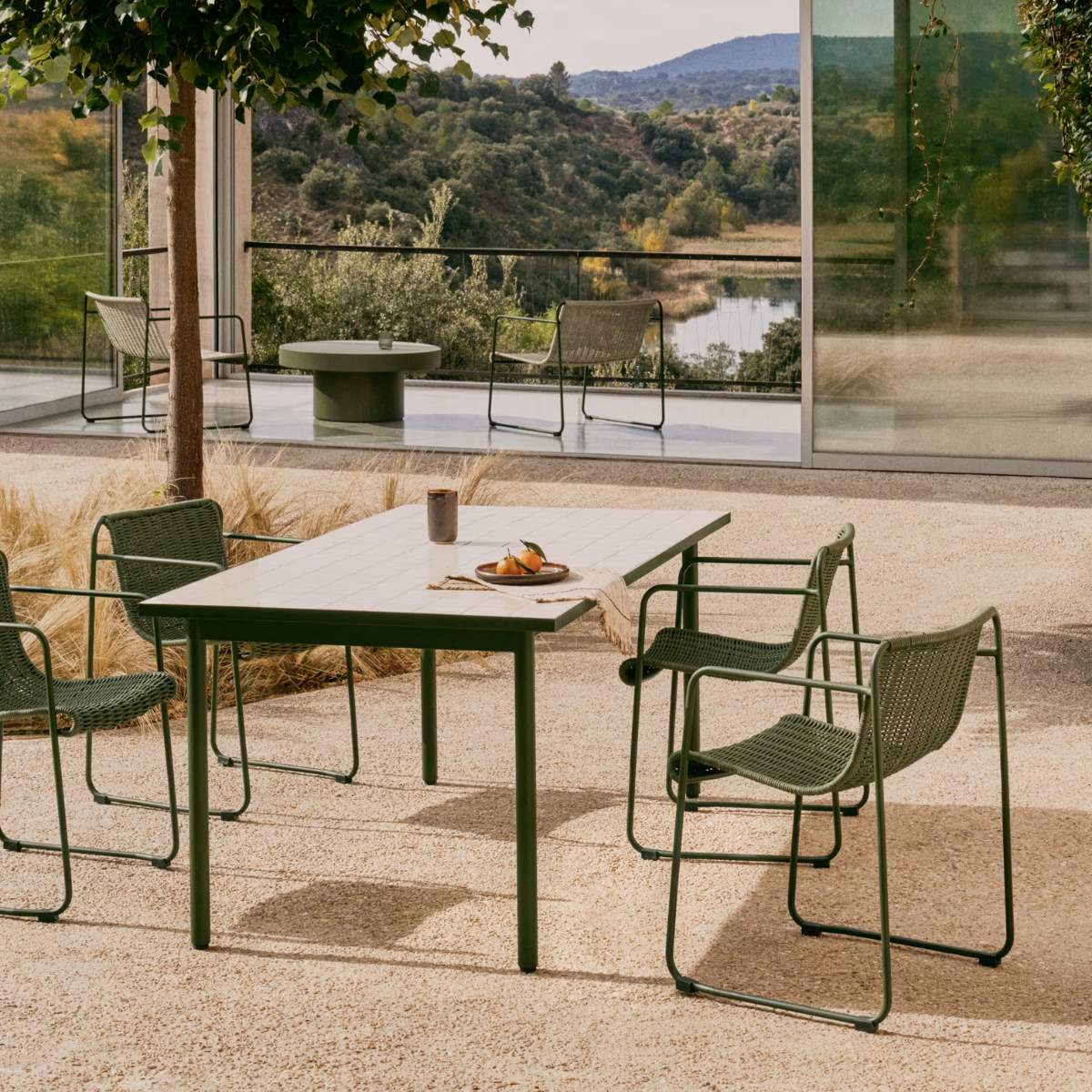 Kave Home Maurina outdoor table in green galvanised steel with ecru-colored tiles 223 x 101cm
