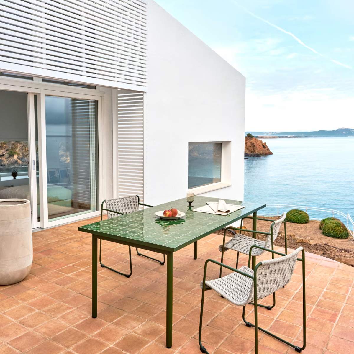 Kave Home Maurina outdoor table in green galvanised steel with green tiles 182 x 91cm