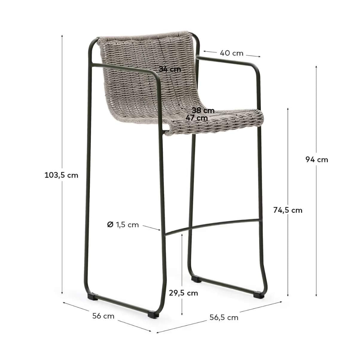 Kave Home Maurina stackable stool in green galvanised steel and green rope cord 74,5cm