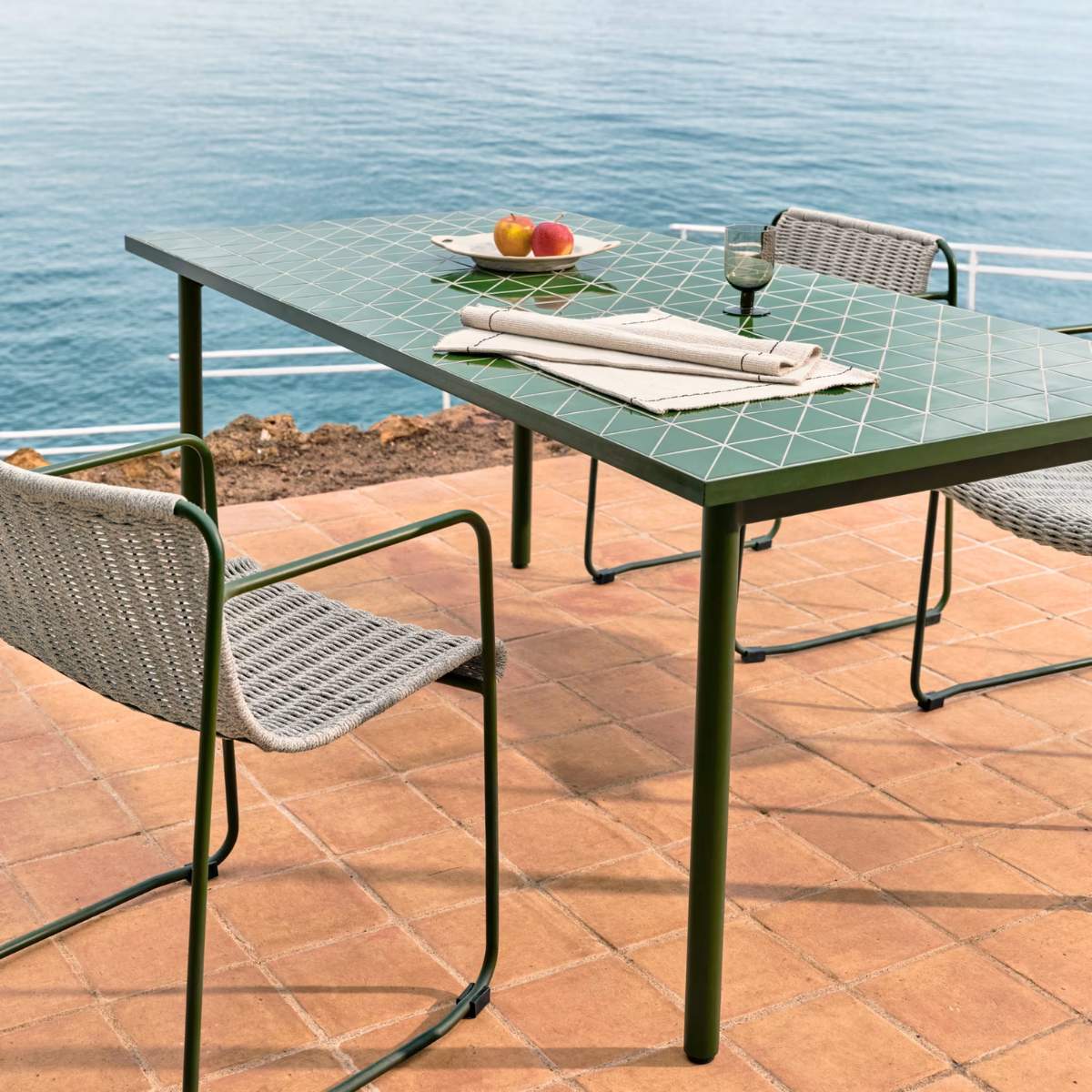Kave Home Maurina outdoor table in green galvanised steel with ecru-colored tiles 223 x 101cm