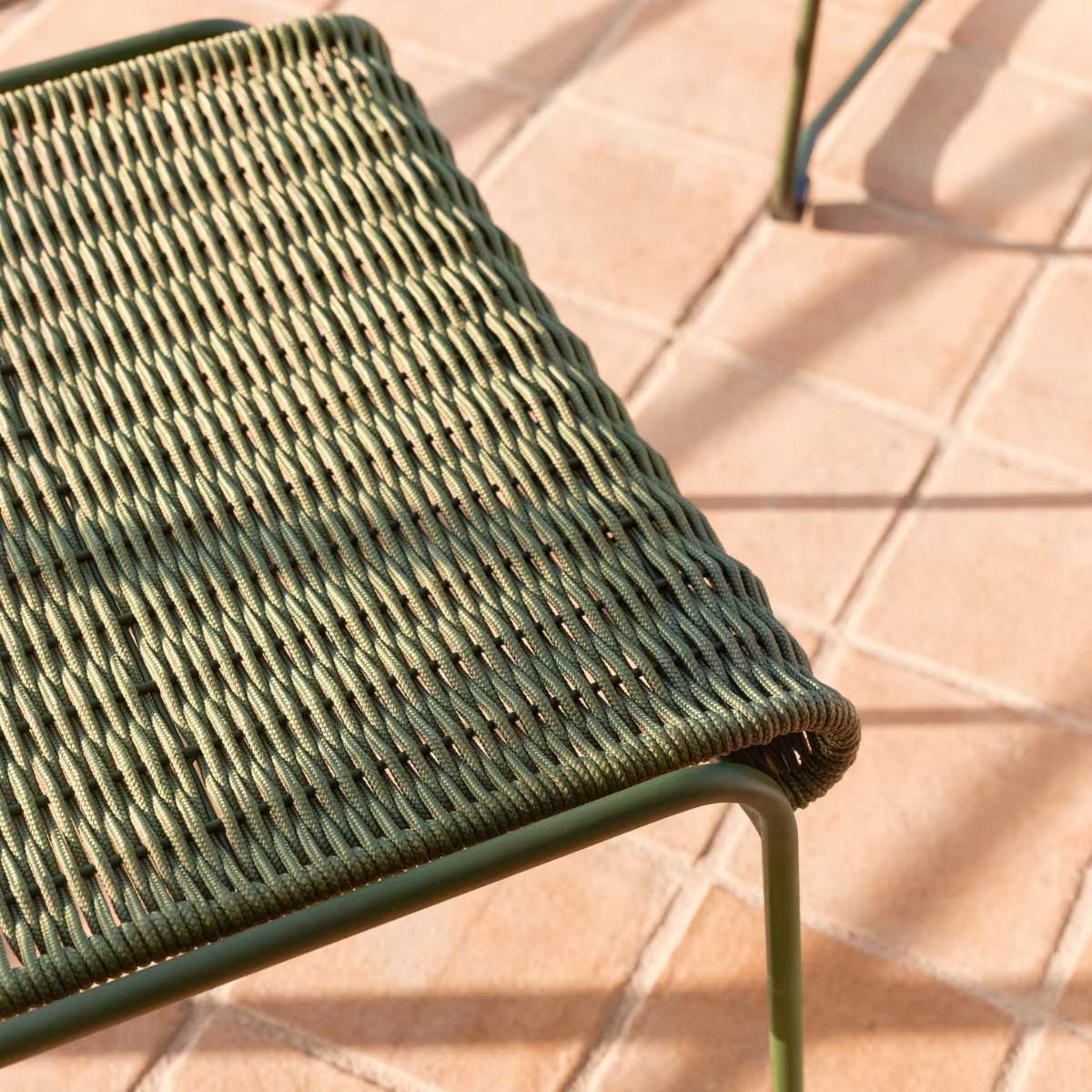 Kave Home Maurina footrest in green galvanised steel and green rope cord 58 x 52.5cm