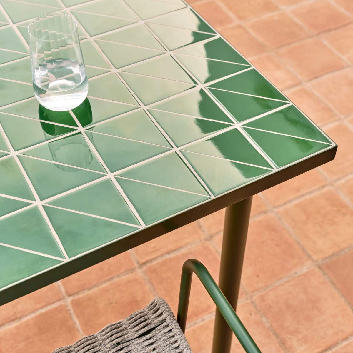 Kave Home Maurina outdoor table in green galvanised steel with ecru-colored tiles 223 x 101cm