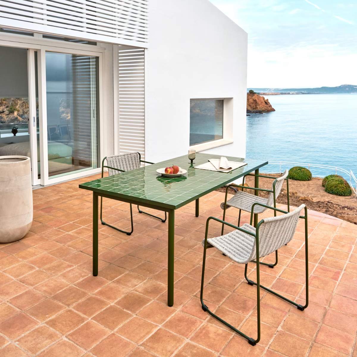 Kave Home Maurina outdoor table in green galvanised steel with ecru-colored tiles 223 x 101cm