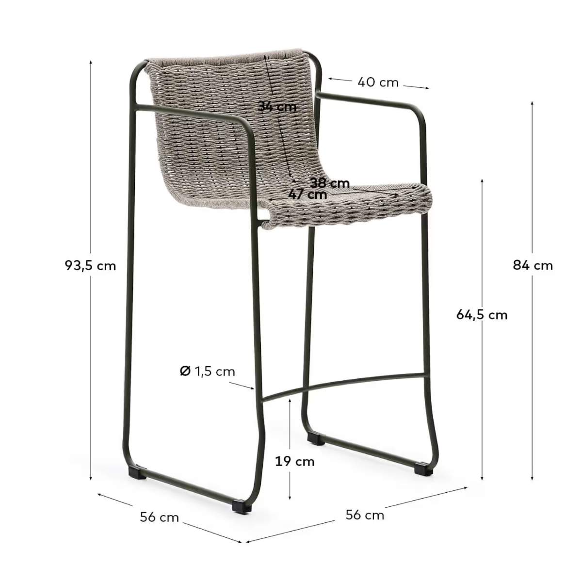 Kave Home Maurina stool in green galvanised steel and green rope cord 64,5cm