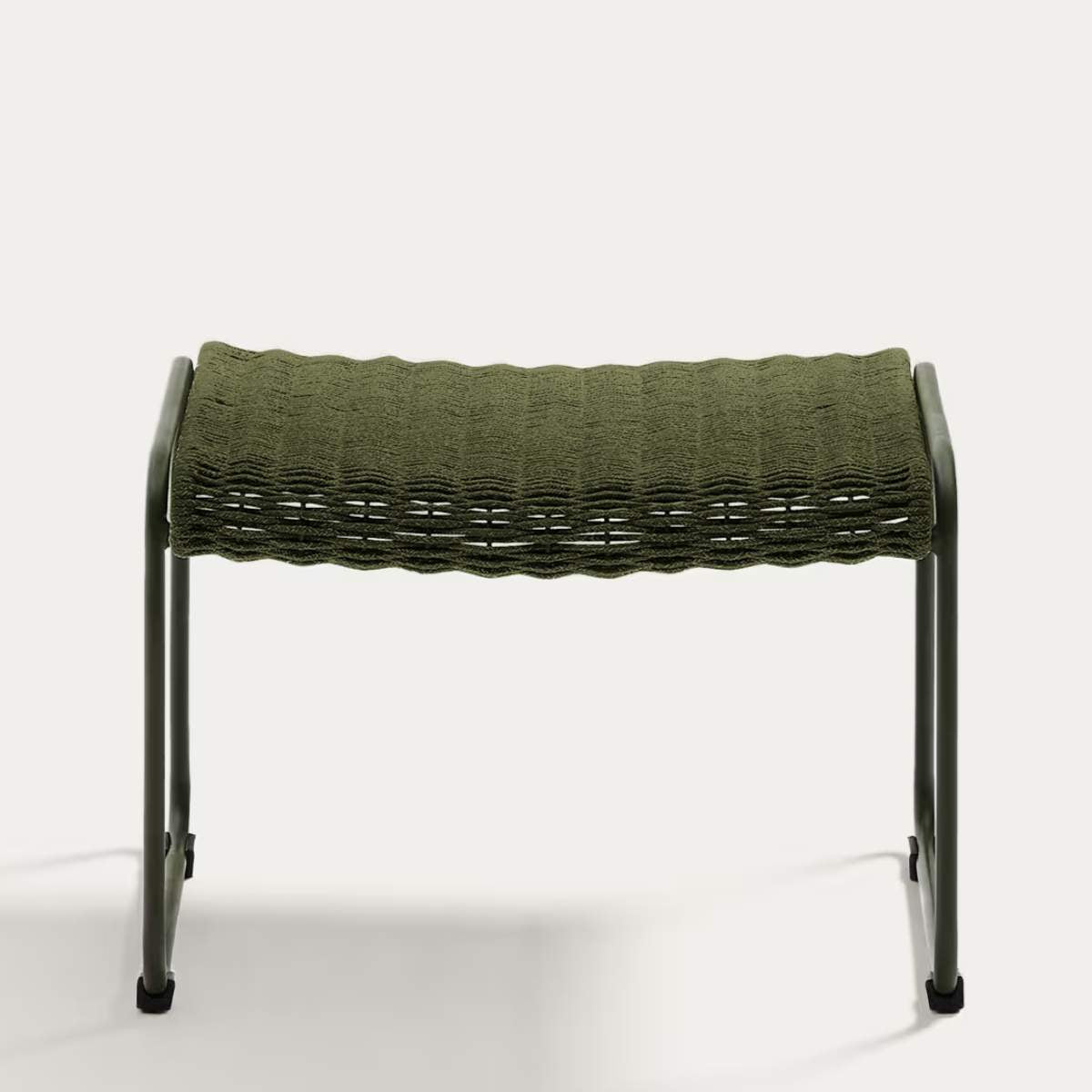 Kave Home Maurina footrest in green galvanised steel and green rope cord 58 x 52.5cm