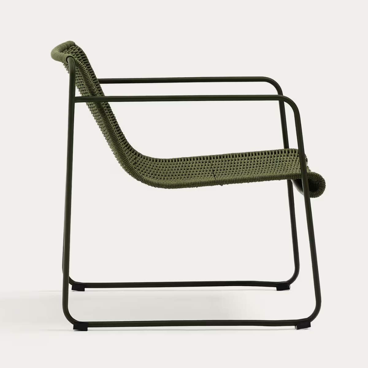 Kave Home Maurina stackable armchair in green galvanised steel and green rope cord
